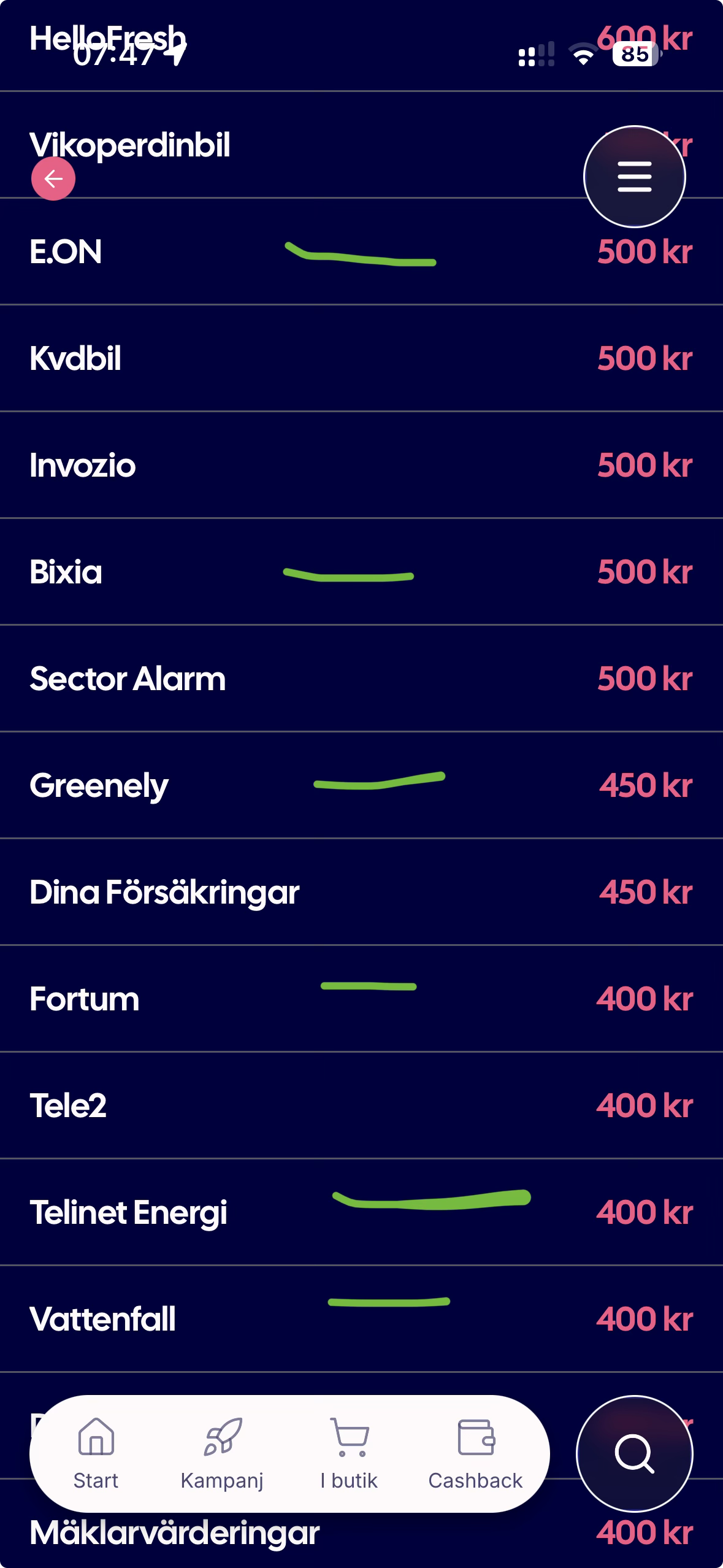 Lista med flera elbolag som erbjuder cashback via Refunder