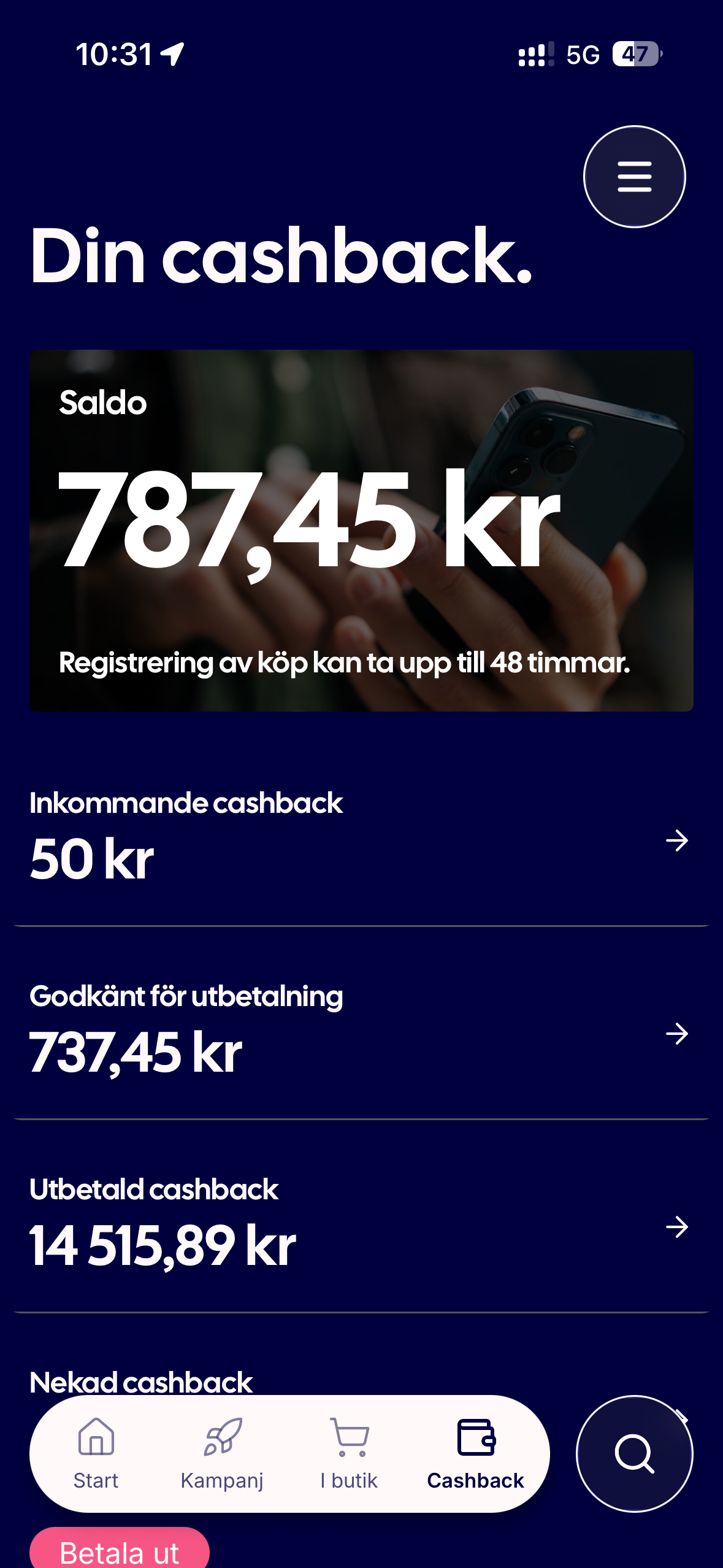Refunder saldosida med 787,45 kronor totalt och 737,45 kronor godkända för utbetalning