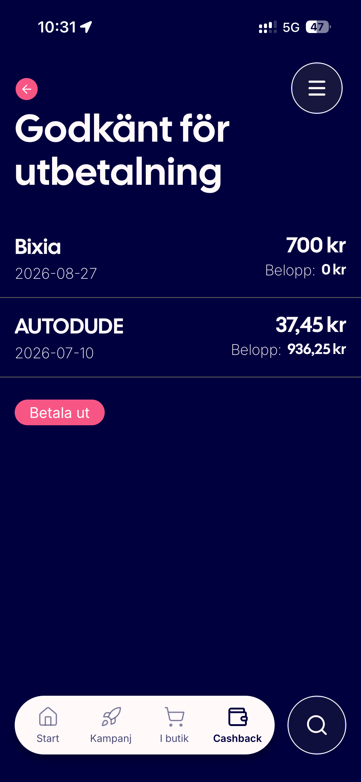 Specifikation av godkänd cashback och knappen Betala ut
