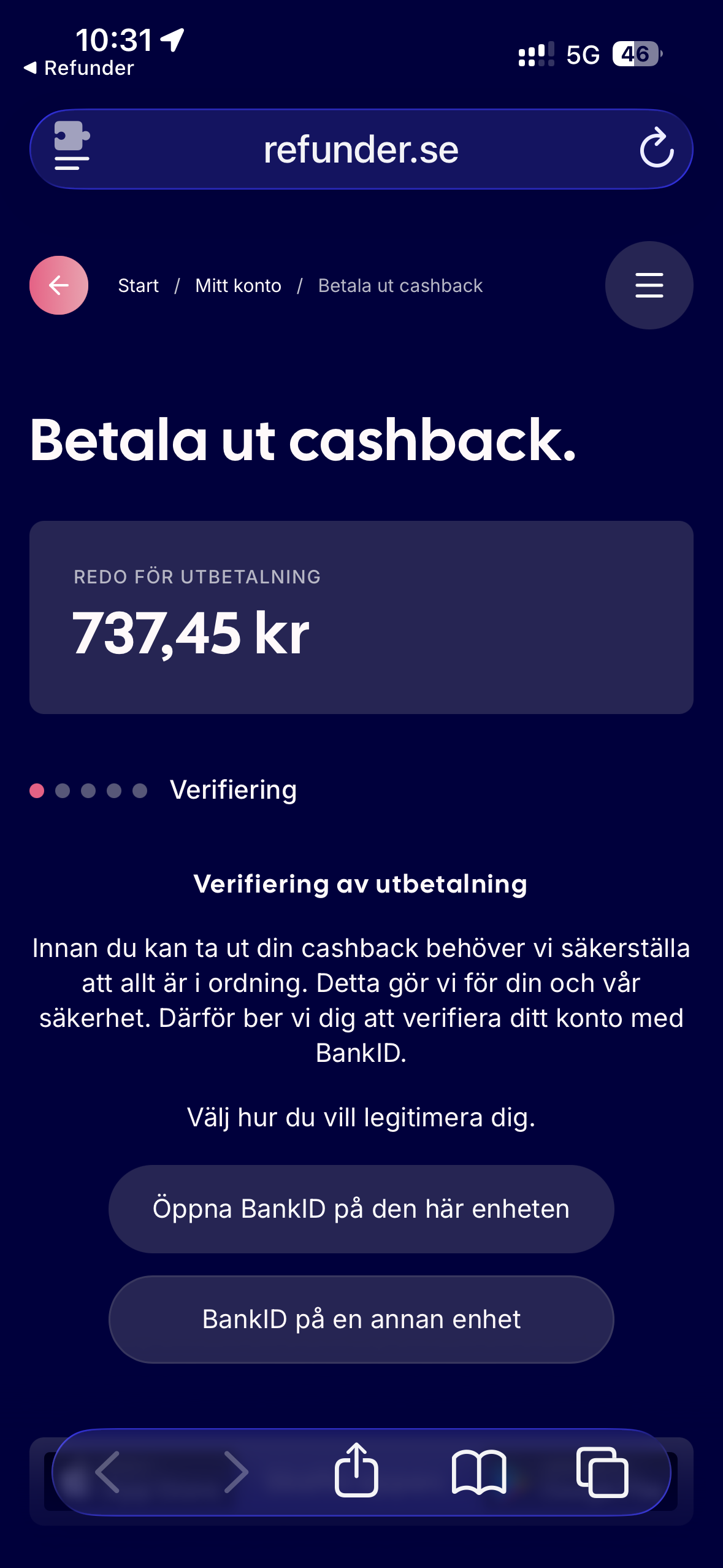 Refunder sida för utbetalning med beloppet 737,45 kronor och BankID-verifiering