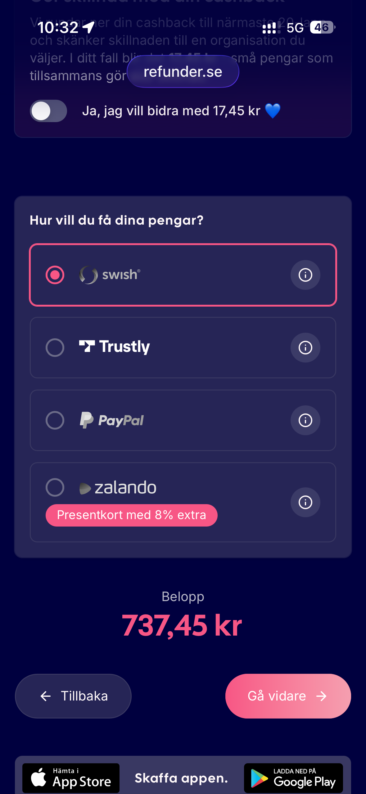 Val av Swish som utbetalningsmetod med belopp 737,45 kronor