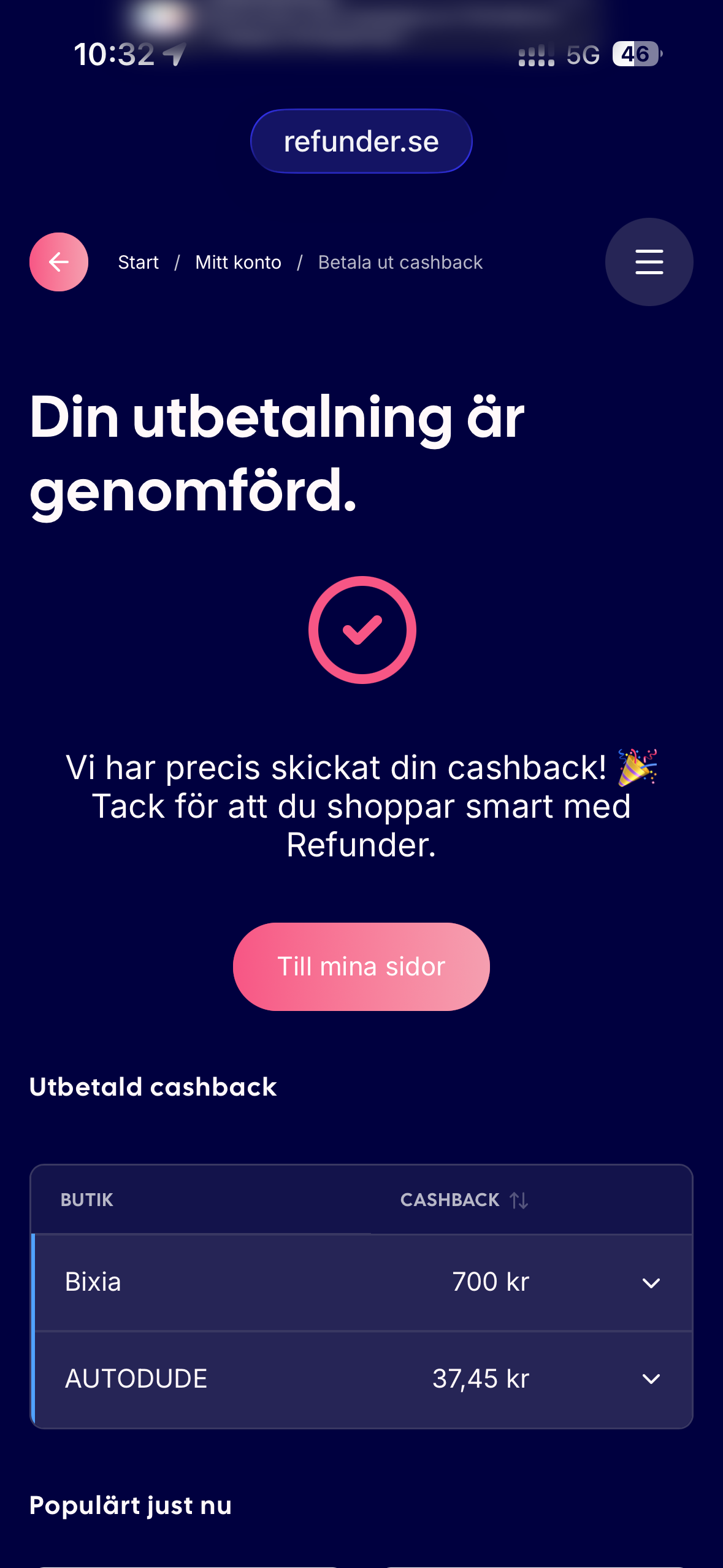 Refunder bekräftar genomförd utbetalning på 737,45 kronor