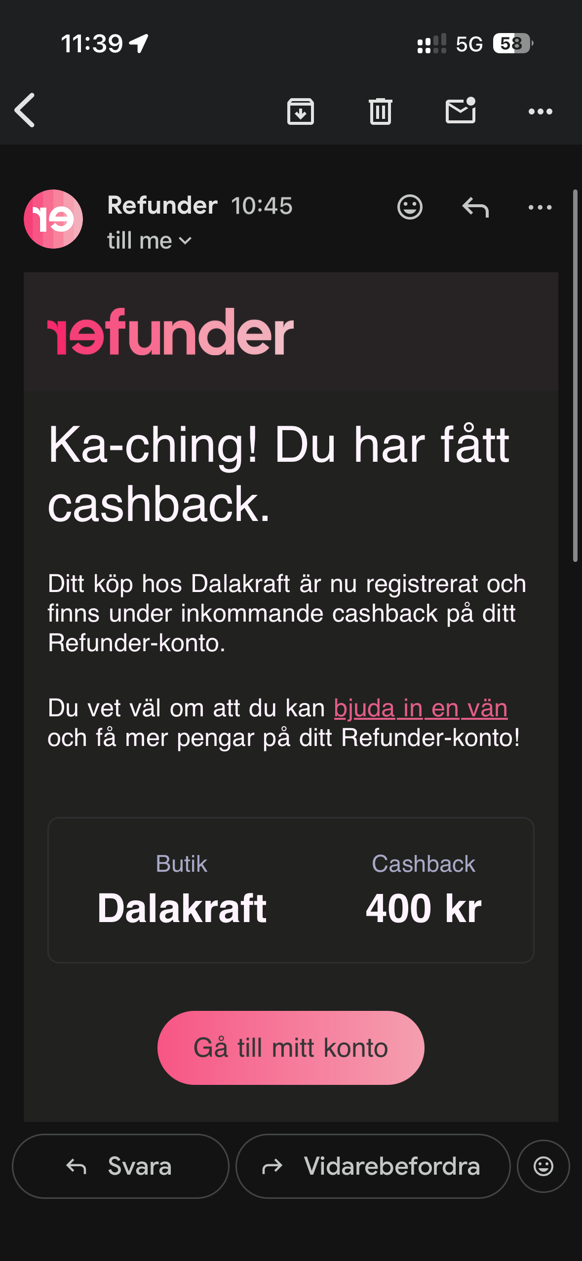 Mejl från Refunder som bekräftar 400 kronor registrerad cashback från Dalakraft