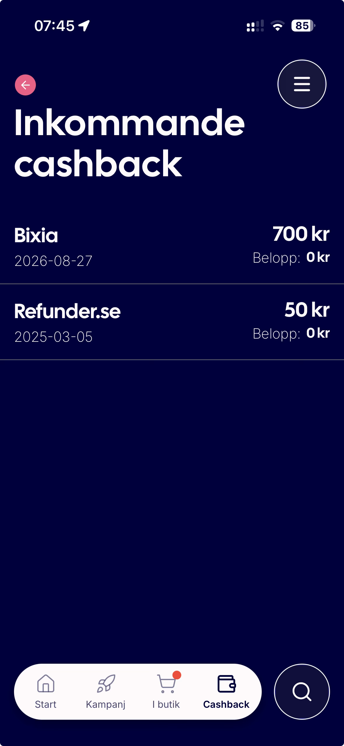 Inkommande cashback från Bixia på 700 kronor