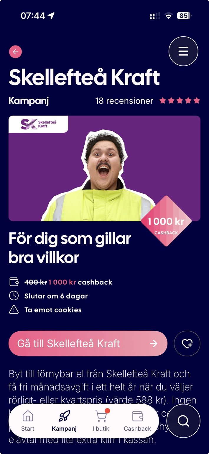 Refunder-erbjudande med 1 000 kronor cashback hos Skellefteå Kraft