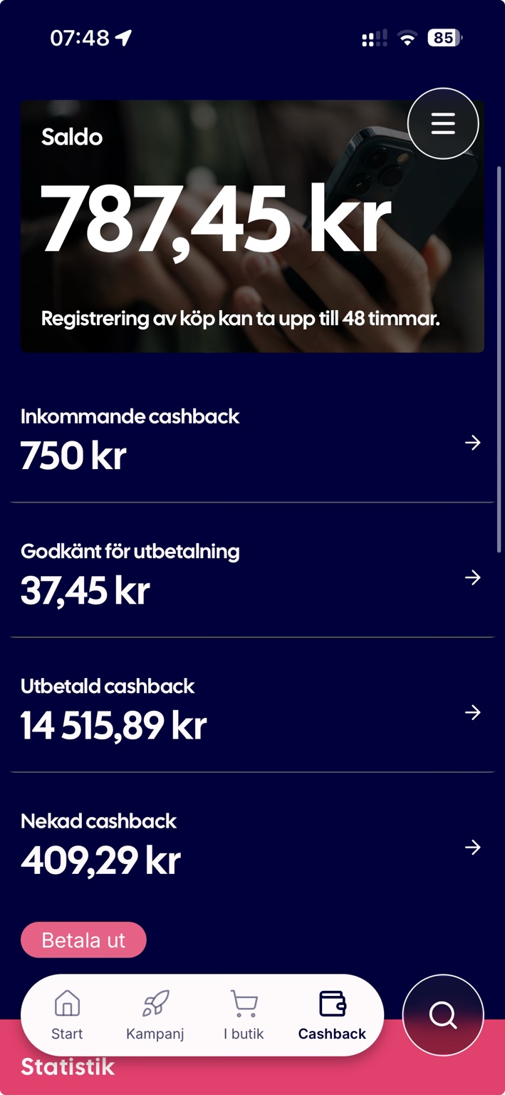 Refunder-konto med drygt 14 500 kronor i utbetald cashback